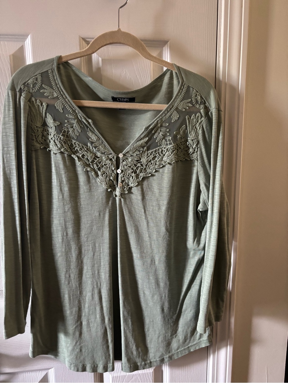 Chaps Sage Green Long-Sleeve Embroidered V-Neck Top